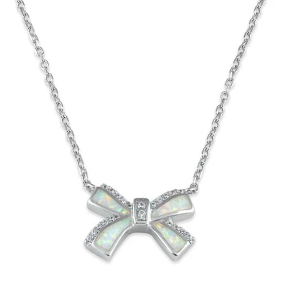 Sterling Silver White Opal and CZ Bow Adjustable Necklace New - Picture 3 of 6